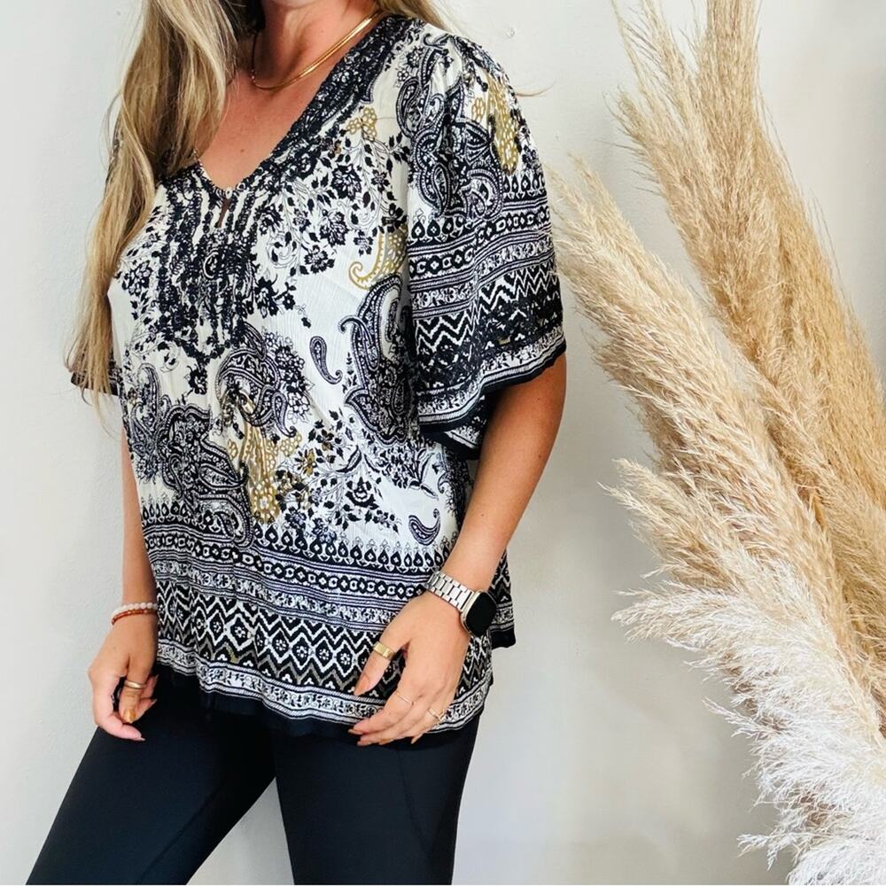 VINTAGE FORBIDDEN Black White Beige Paisley Print Boho Poncho Blouse Shirt Top L - Picture 13 of 13